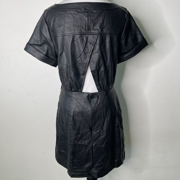 Anthropologie Women's Black Faux Leather Wrap Mini Short Sleeve Dress Size 8 - Picture 6 of 13